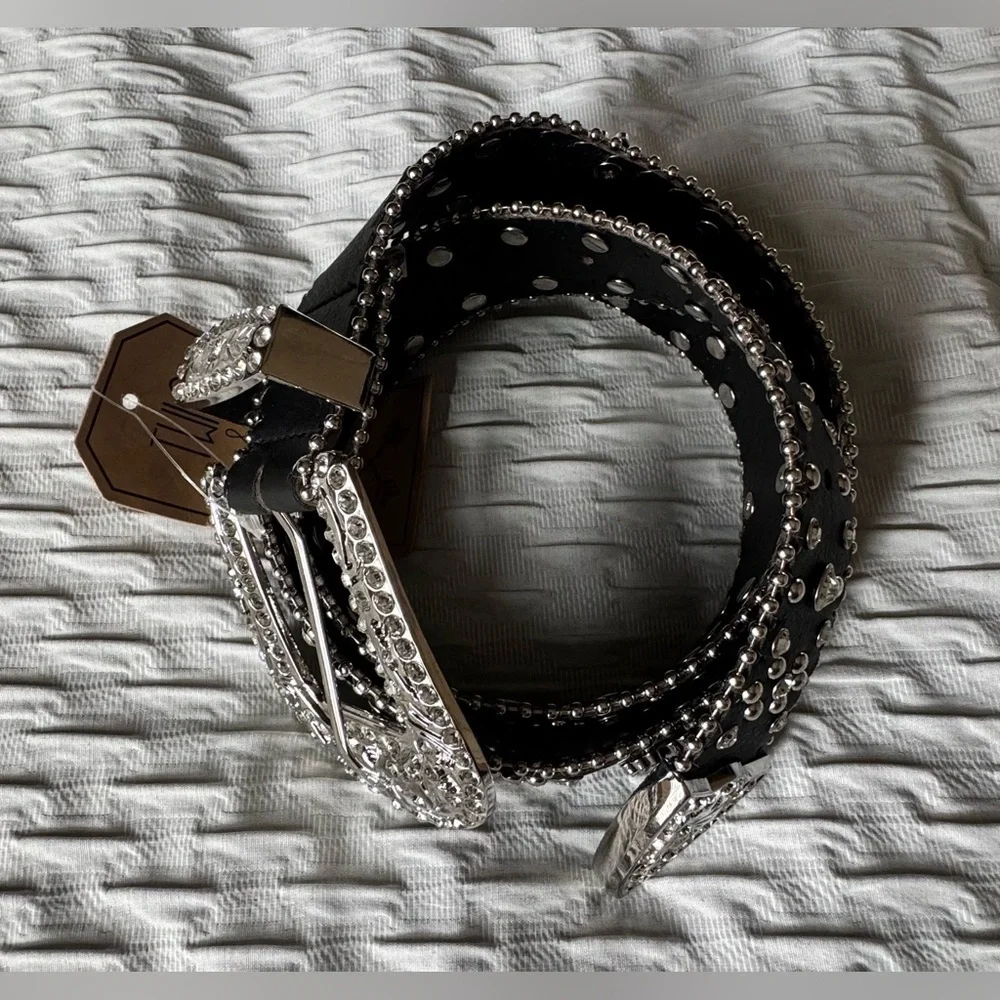 Black Sparkling Rhinestone  Belt Leather